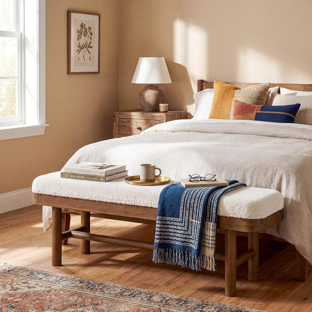 55" Upholstered Bedroom Bench, Solid Wood End of Bed Bench, Modern Indoor Bench with Cushion , White & Brown
