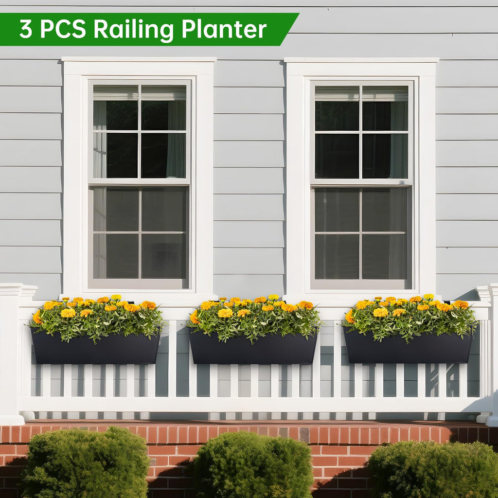 16" Large Hanging Planters for Outdoor Plants, Railing Planter Box, 3 Pack