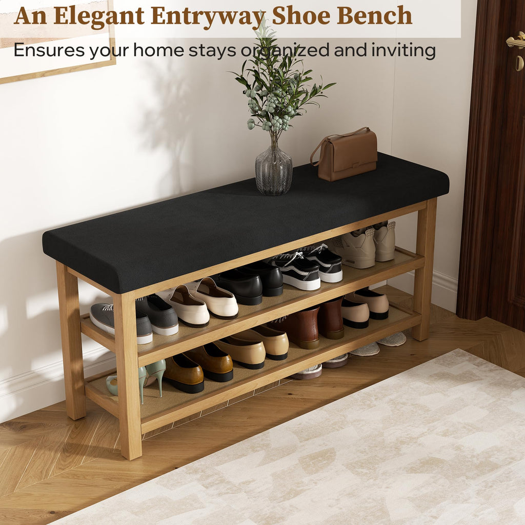 2 Tier Shoe Rack Bench with Cushion, Rubberwood Shoe Benches, Mid-Century Modern Shoe Storage Bench, Closet, Front