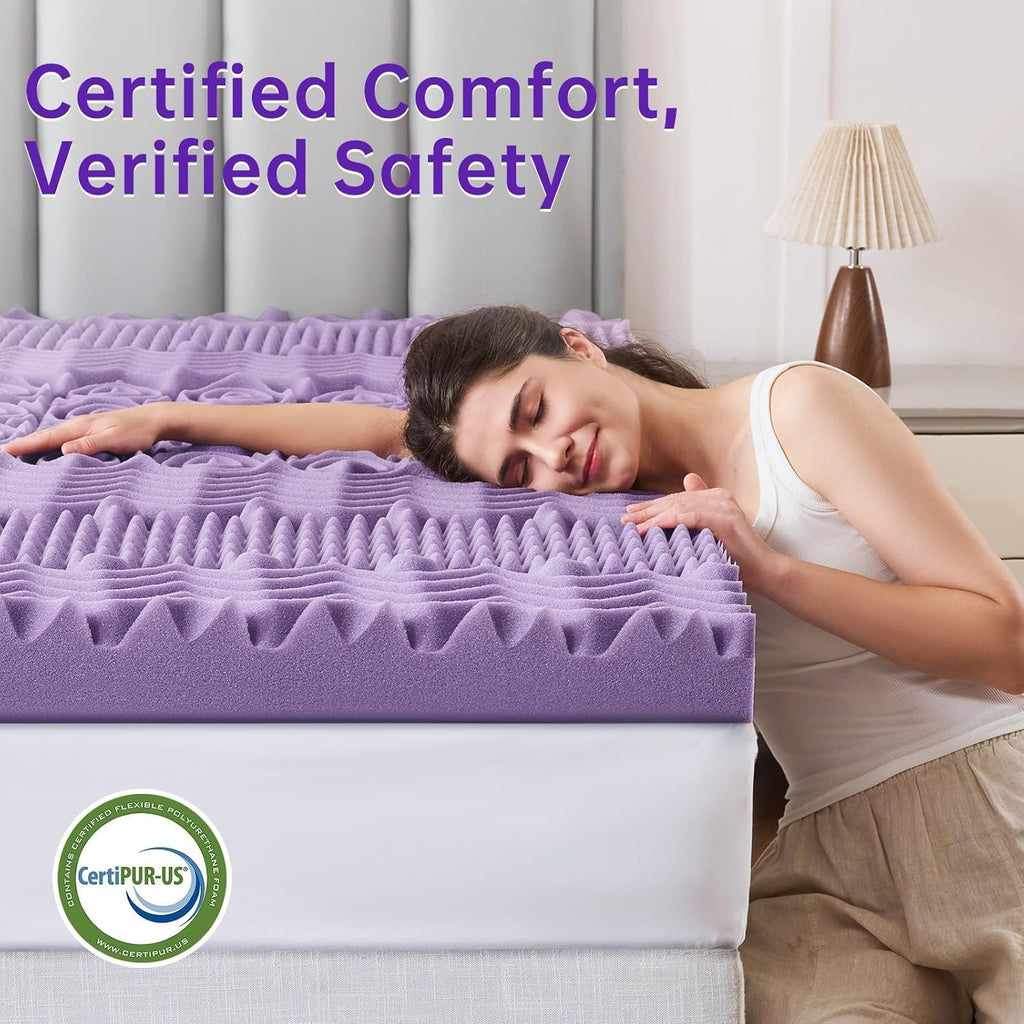 3 Inch 7-Zone Queen Mattress Topper, Egg Crate Memory Foam Mattress Topper Queen Size for Back Pain, Lavender Gel