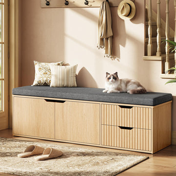 59" Storage Bench with Drawer, 2-Tier Shoe Bench with Storage, Long Entryway Bench, Thickened Cushion, Adjustable