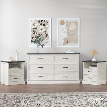 3 Pcs Farmhouse Dresser and Nightstand Sets, 6 Drawer Dresser & Nightstand Set of 2, Rustic Wooden Chest of Drawers