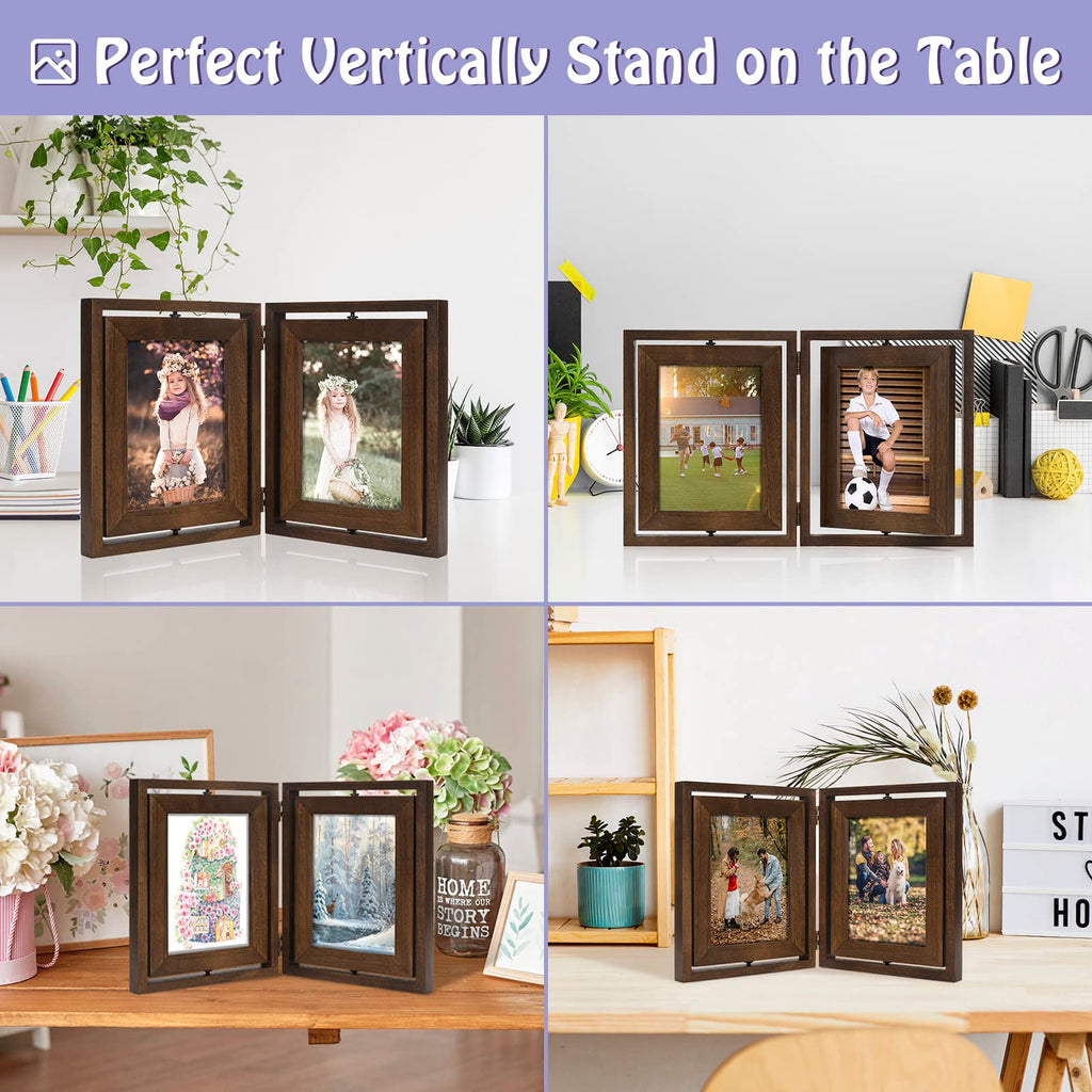 5x7 Picture Frame Rustic Wood Hinged Folding Double Photo Frame, Double Sided Display Rotatable High Definition Glass