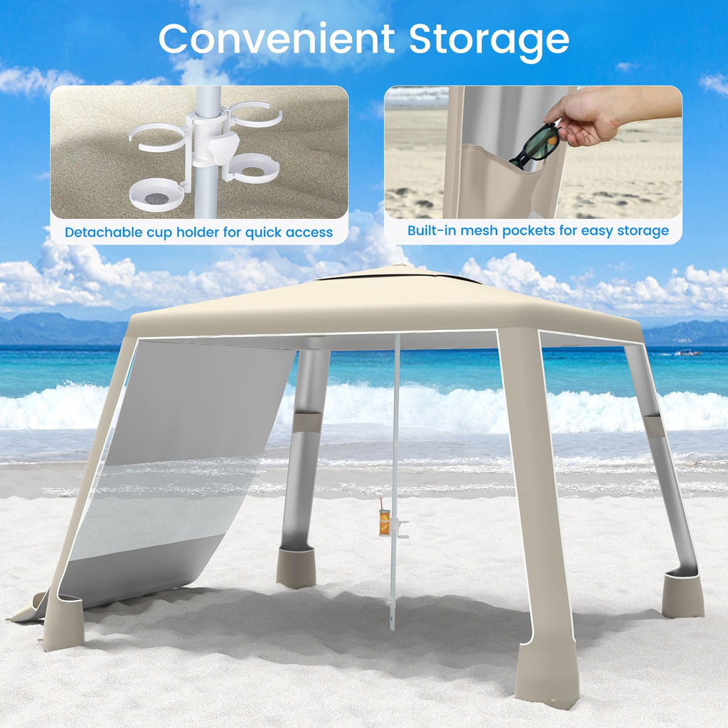 Beach Cabana, 8'×8' Large Beach Canopy with Side Wall, UPF 50+ Protection Easy Setup Beach Tent Sun Shelter