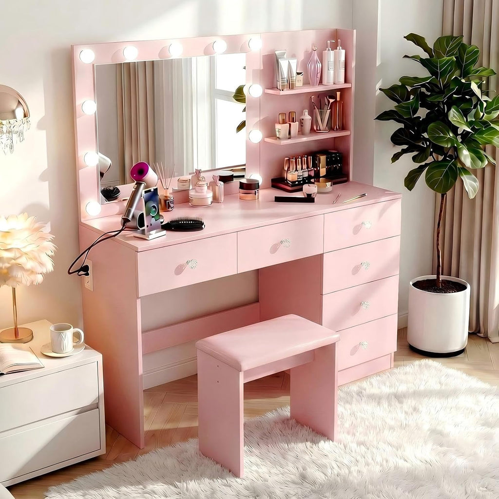 47" Vanity with Outlet - Makeup Vanity Desk with Mirror, Storage Shelves and 6 Drawers, 3-Color Light, Makeup Desk