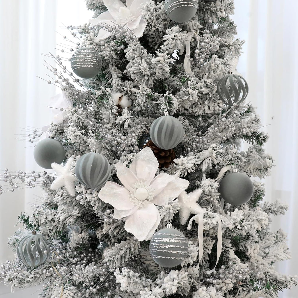 Ornaments Set of 12, 3.15", Dusty Blue Flocked Velvet Balls