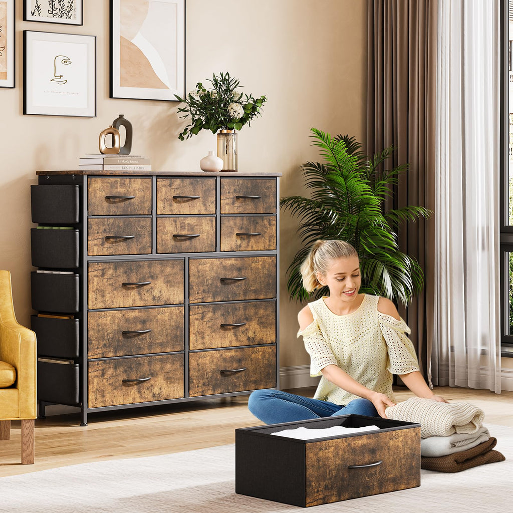 12, Chest of Drawers with Side Pockets and Hooks, Fabric Storage, Sturdy Steel Frame, Wood Top, Easy Pull Handle