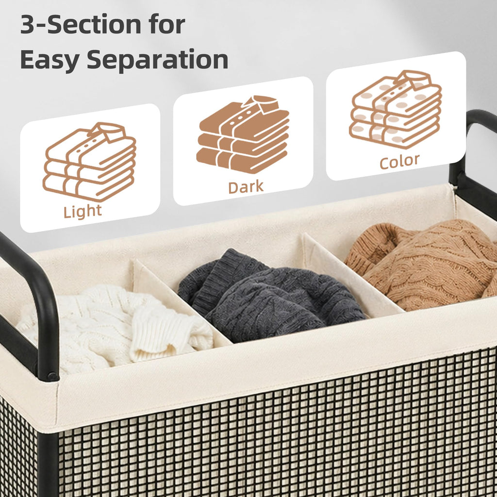 Rolling Laundry Hamper with Wheels 3-Section Laundry Sorter Rolling Laundrys Basket on Wheels with Removable Bag