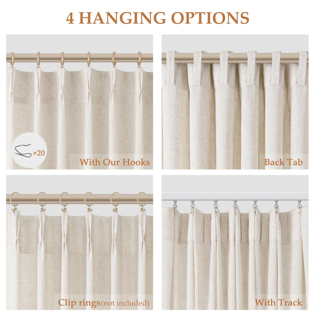 Linen Curtains 96 Inches Long Pinch Pleated Floor to Ceiling 8ft Cream Light Filtering Sheer Curtain Back Tab