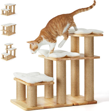 Dog Stairs, Solid Wood Pet Stairs with Cat Scratching Post
