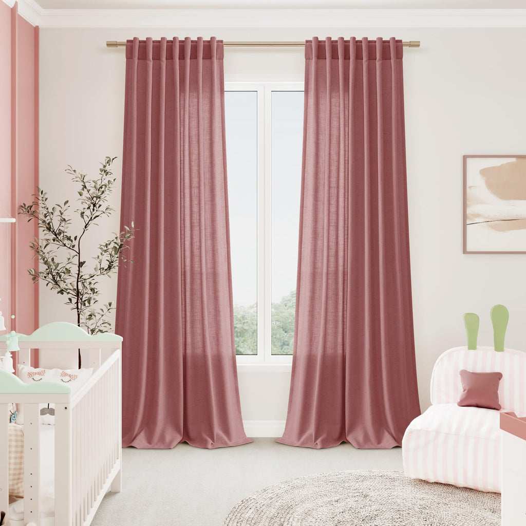 Extra Long Canyon Rose Linen Curtains 120 Inch 2 Panels Set Rod Pocket Back Tab Linen Window Drapes Semi Sheer Light