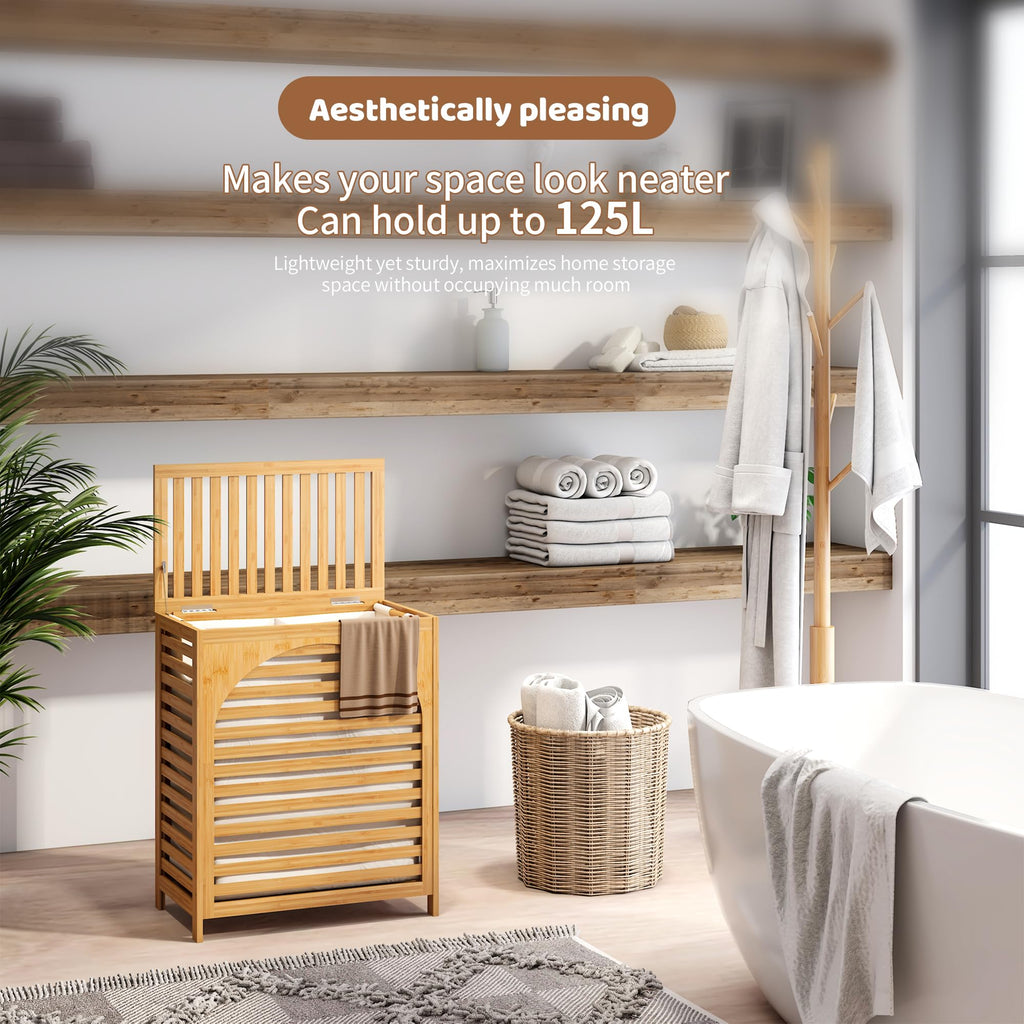 Laundry Hamper with Lid, Bamboo with Handles and Removable Liner Bag, 125L Laundry Basket & Laundry Room (Natural)