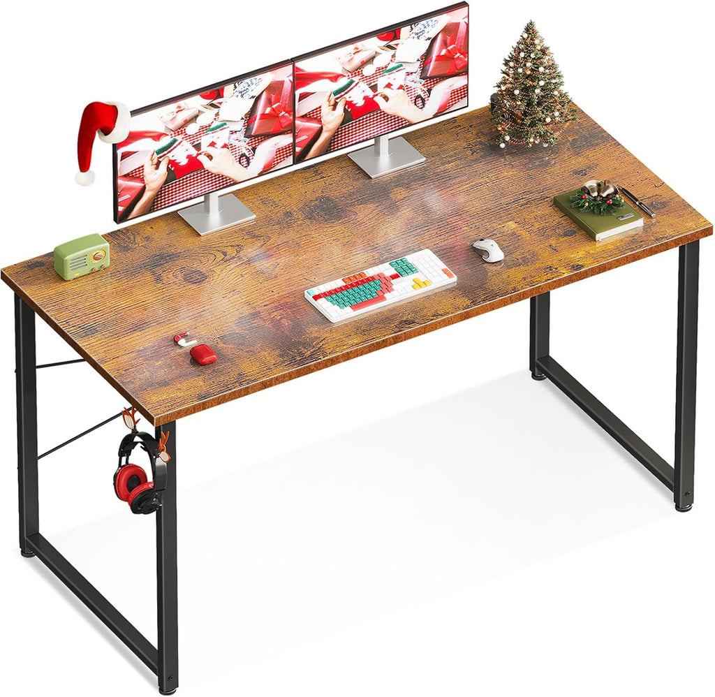 48 Inch Small Computer Desk, Study Writing Table for Small Spaces, Simple Modern Desk with Headphone Hooks, Rustic Brown