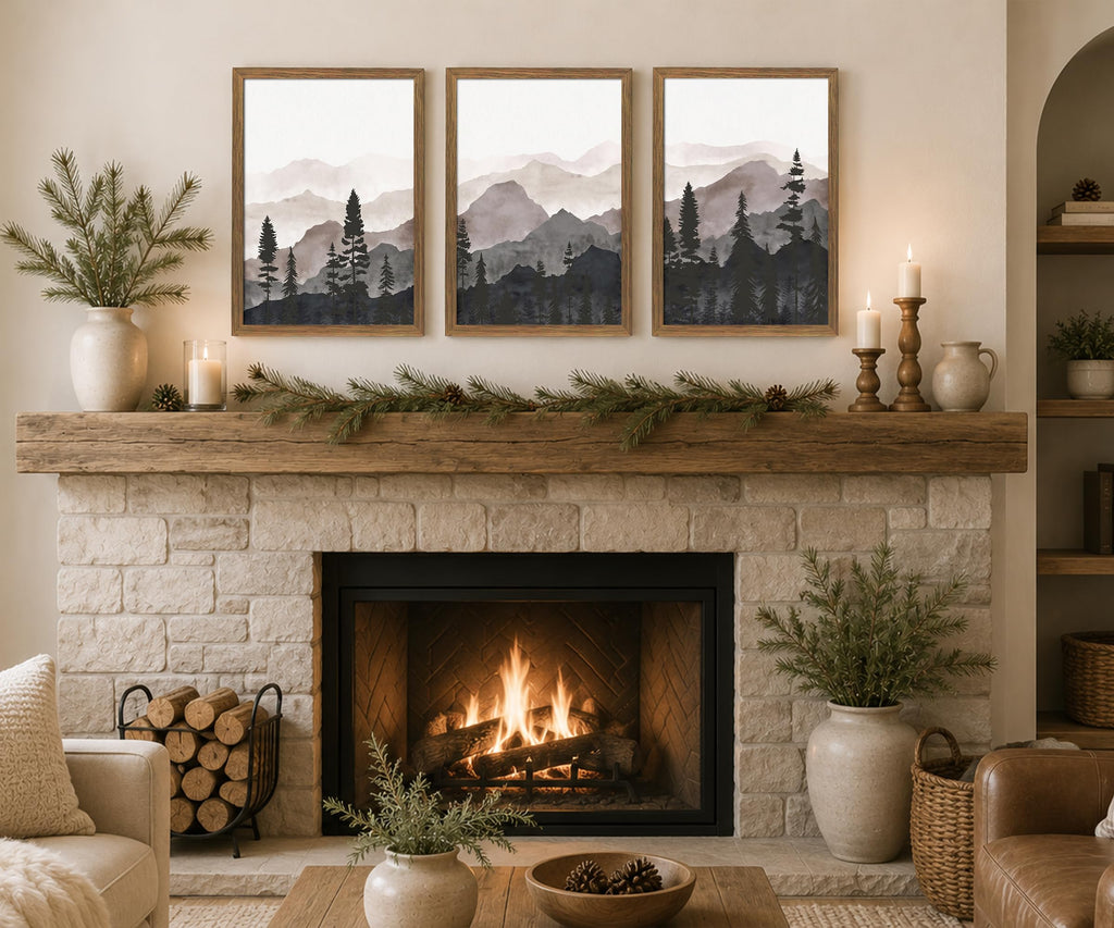 Framed Pine Forest Wall Art Set of 3, Misty Mountain Landscape, 12x16 Inch