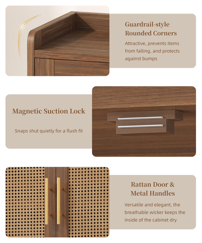 Rattan Shoe Cabinet with Doors & Adjustable Shelves, Walnut