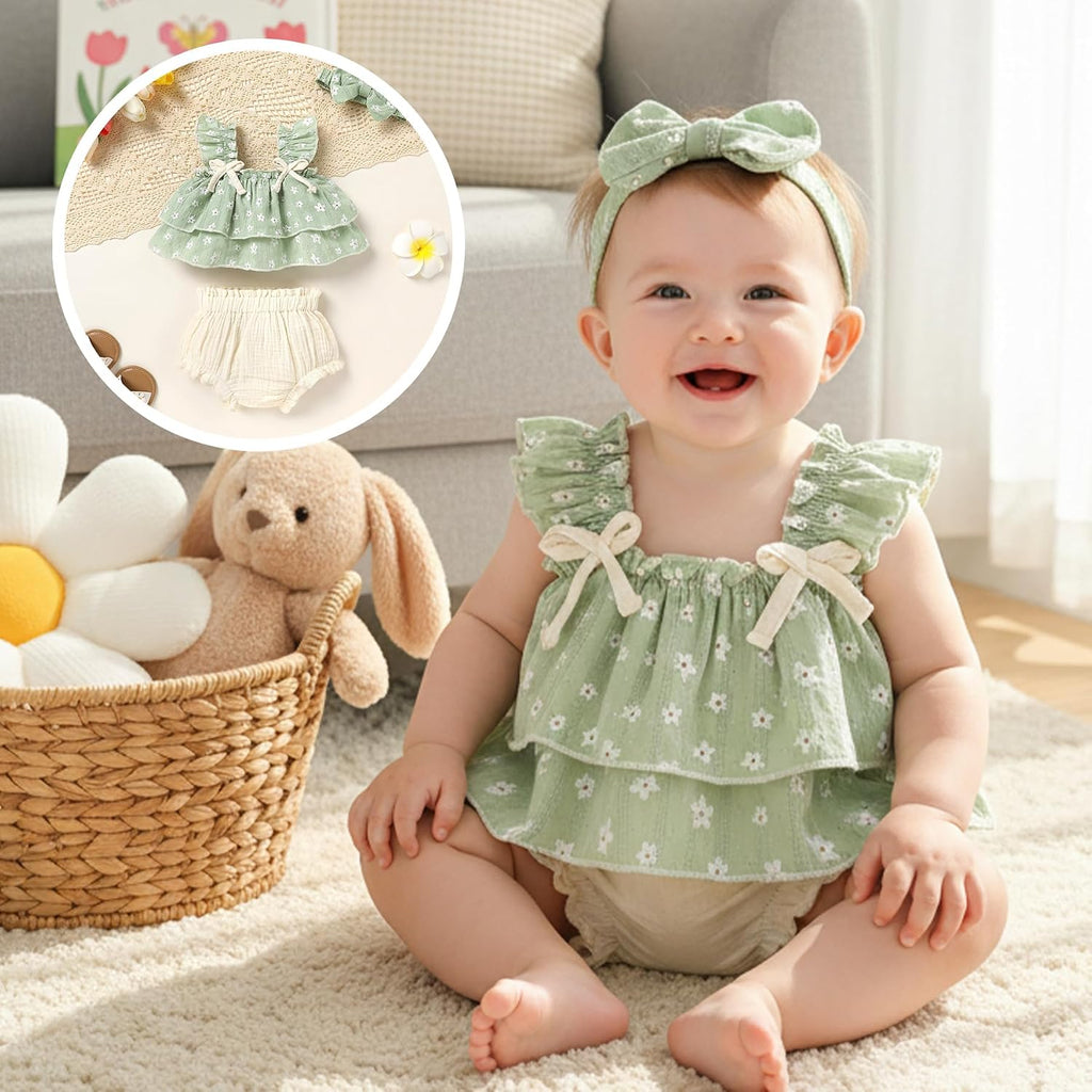 Baby Girl Clothes Infant Ruffle Tops Dress Shorts Set Bloomers Toddler Sleeveless Summer Outfits with Headband