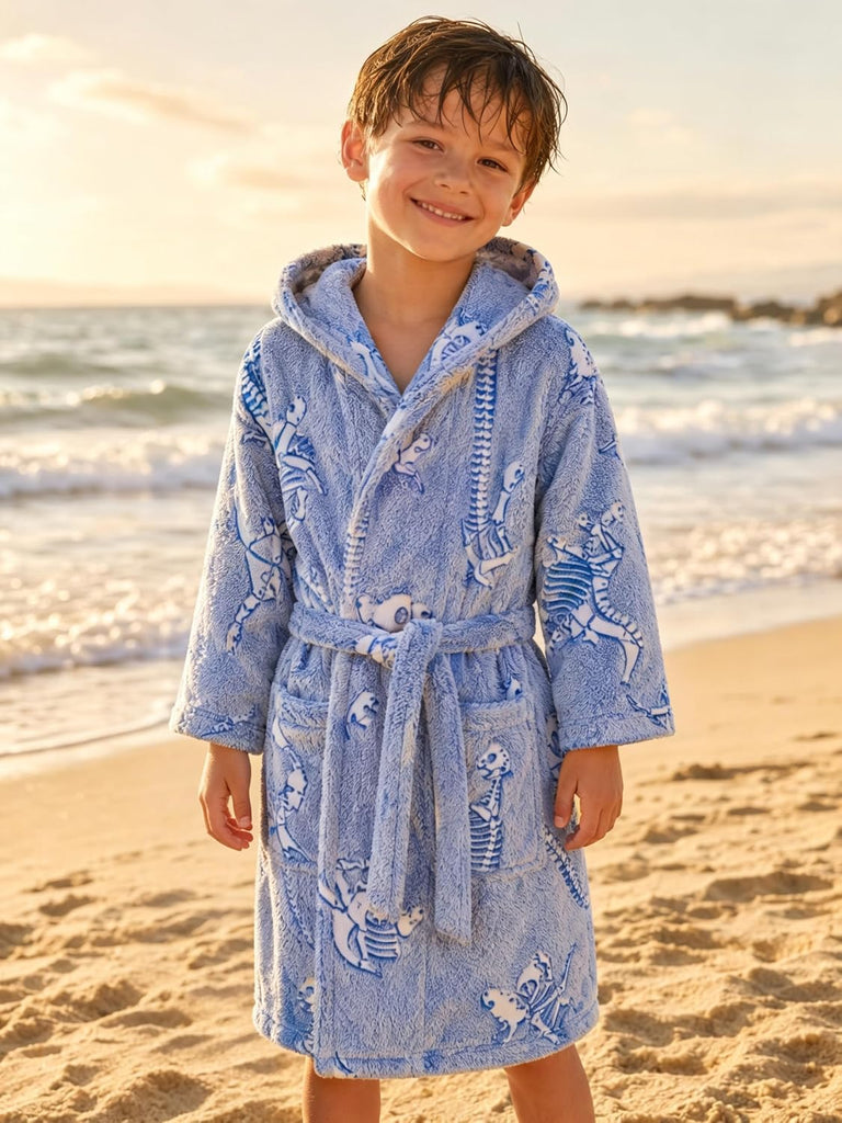 Boys Girls Robe Fleece Soft Hooded Bathrobes with Belt