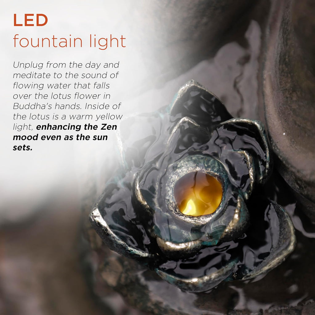 Indoor Tabletop Meditating Buddha Water Fountain with LED Lights and Lotus Flower, 19", Beige