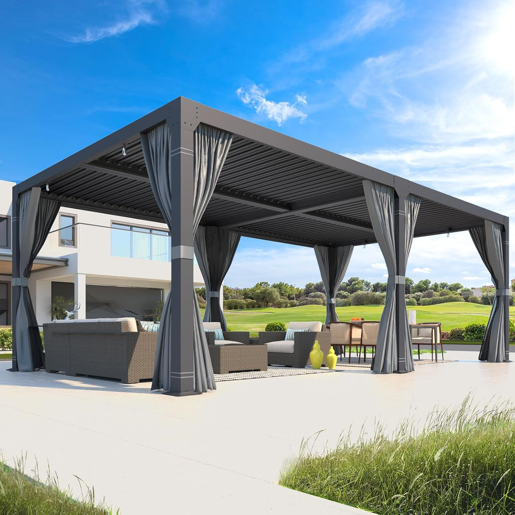 Louvered Pergola 12x24, Aluminum with Adjustable Roof, Outdoor with Waterproof Curtains and Nets, Dark Grey
