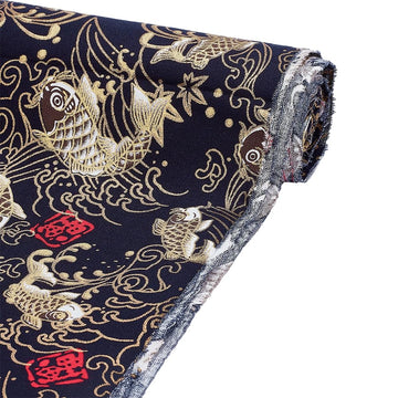 1M/1.09 Yard Black Japanese Cotton Fabrics 60 Inch Wide Fish Pattern Traditional Style Fabric Soft & Lightweight