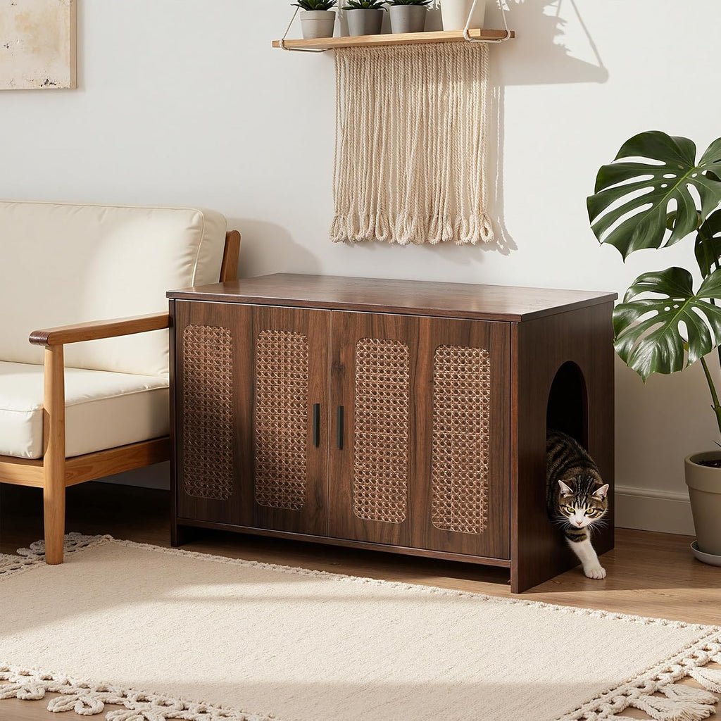 Farmhouse Cat Litter Box Enclosure, Hidden Litter Box Furniture with Side Entry & Vents, Litter Box Cabinet