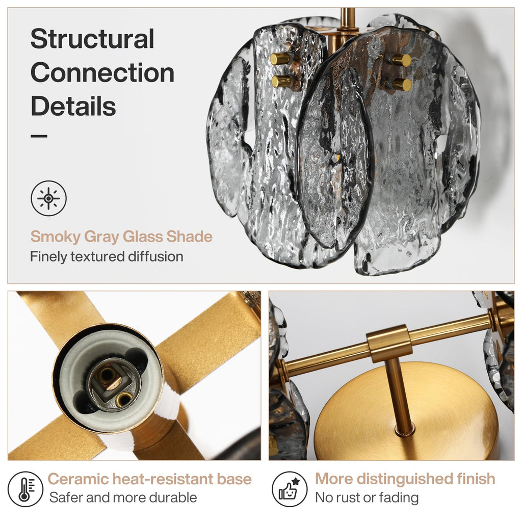 Crystal Gold Wall Sconce,Brass Modern Double Light Wall Sconce with Textured Smoke Glass Shade,Luxury