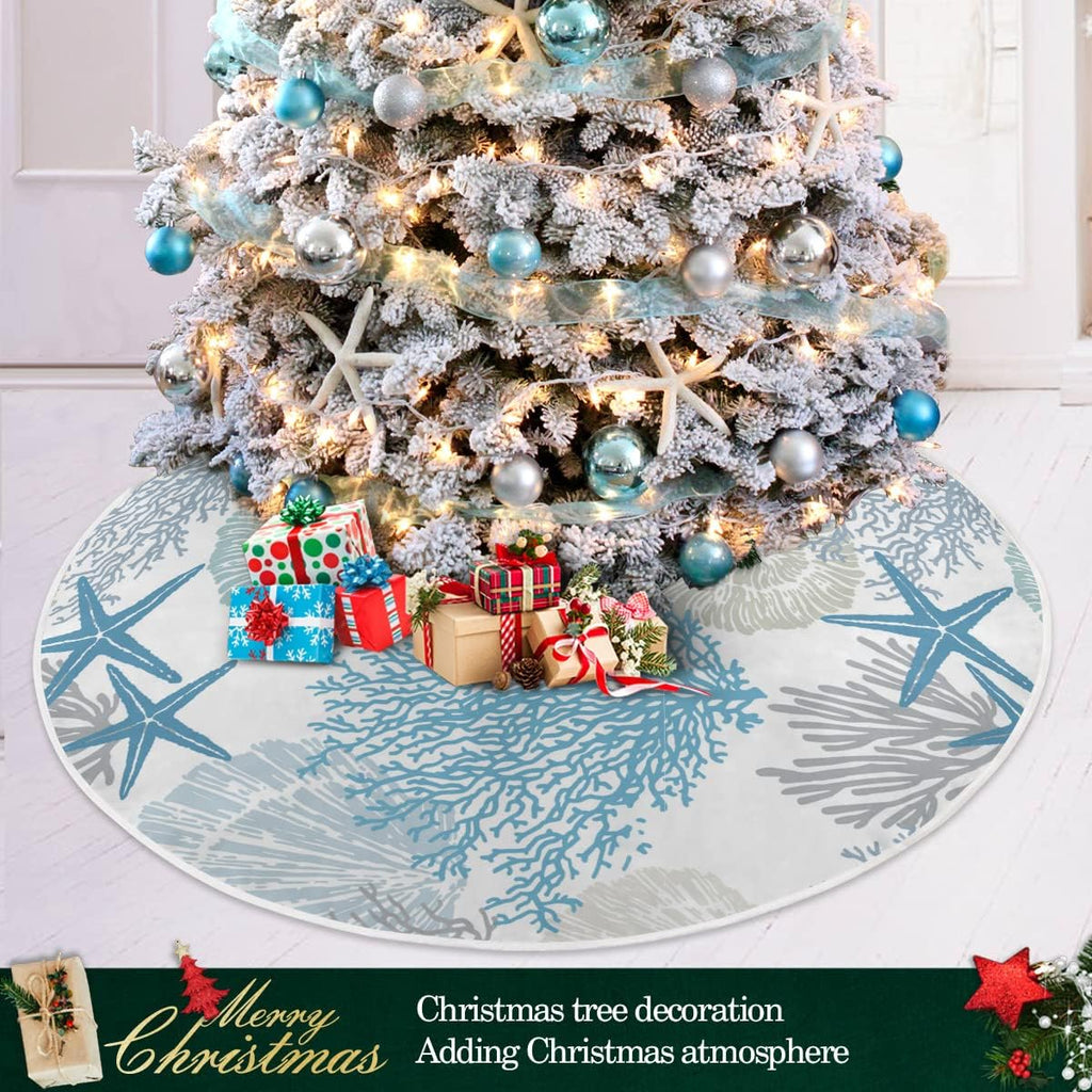 Christmas Tree Skirt Beach Coastal Xmas Tree Decorations Burlap Blue Tree Skirt Small for 4 ft Tree 36 inch