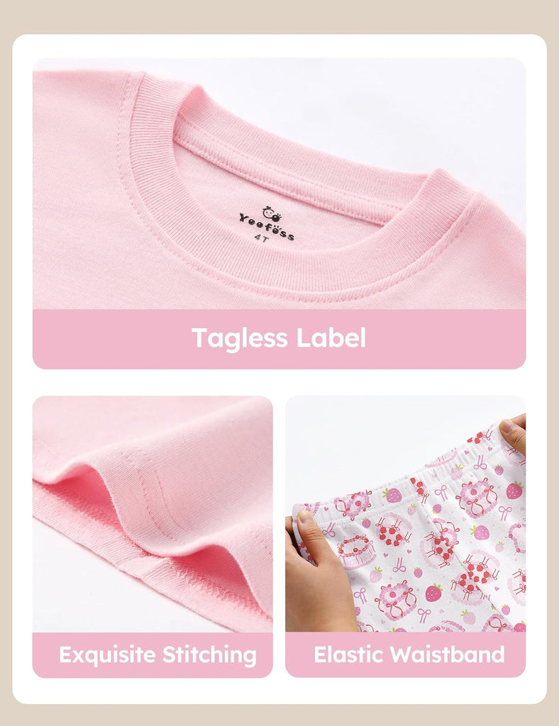 Toddler Girl Pajamas 100% Organic Cotton 4 Piece Short Sleeve Summer Pajama Set Kids Pajamas Snug Fit Pjs Set