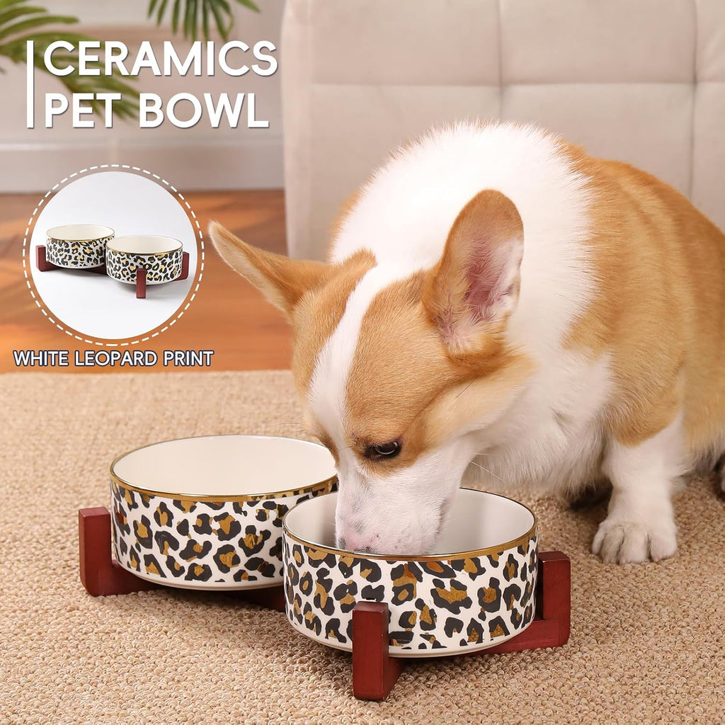 Dog Bowl Set with Wood Stand, Non-Slip Anti-Tip Elevated Design, Double Ceramic Animal Food Water Cat Bowls, Suitable