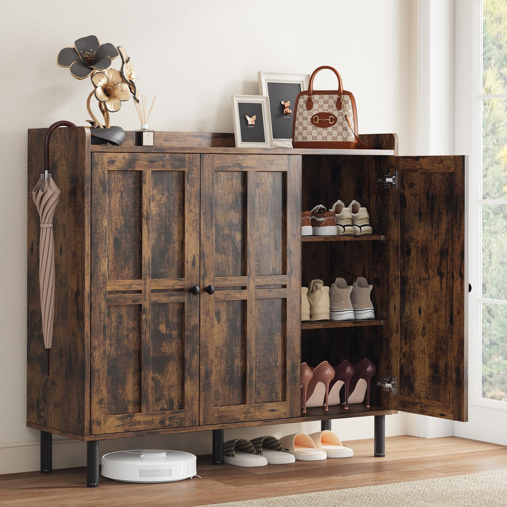 Shoe Cabinet with 3 Doors, Shoe Rack, Rustic Brown