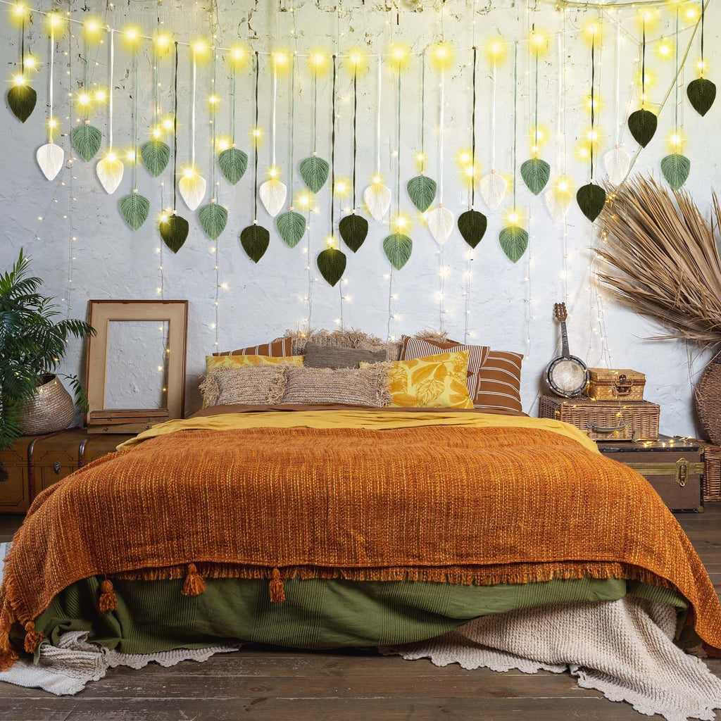 30 Pcs Large Macrame Wall Hanging 71 x 30'' Green Tapestry Boho Home Decor With Light Bohemian Leaf Tapestry