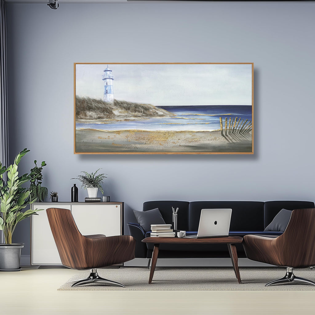 Coastal Wall Art Framed Wall Decor Blue and White Lighthouse Canvas Painting Modern Wall Hanging Artwork Bedroom