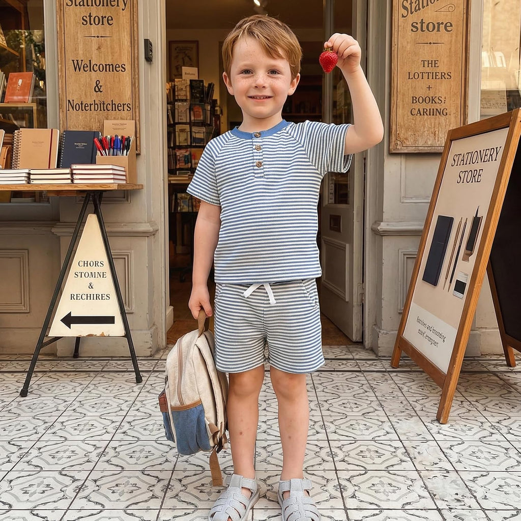 Toddler Baby Boy Clothes 6 12 Summer Outfit Waffle Knitted Stripe Casual T-shirt Tops Shorts Sets