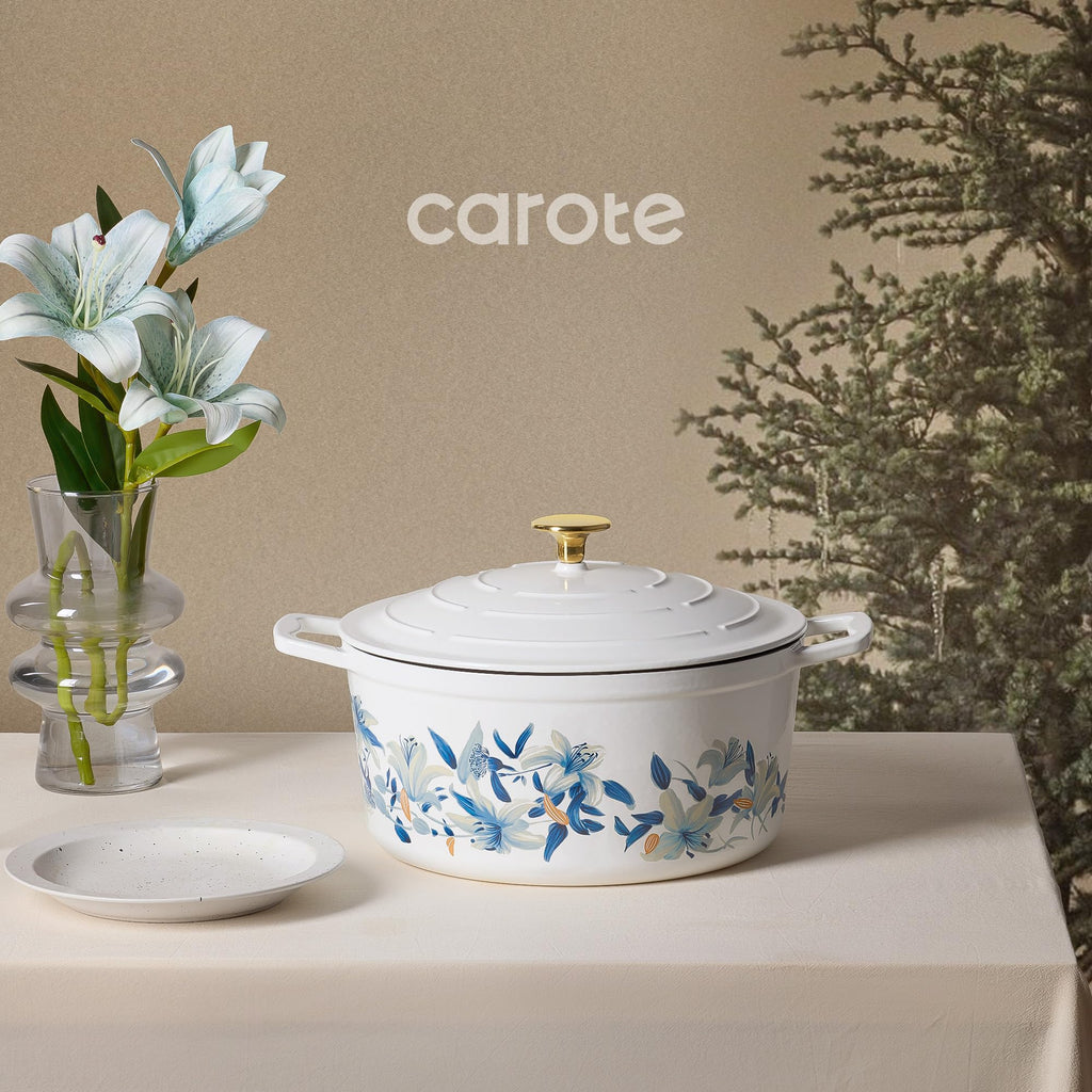 7QT Enameled Cast Iron Dutch Oven Pot with Lid, White & Blue