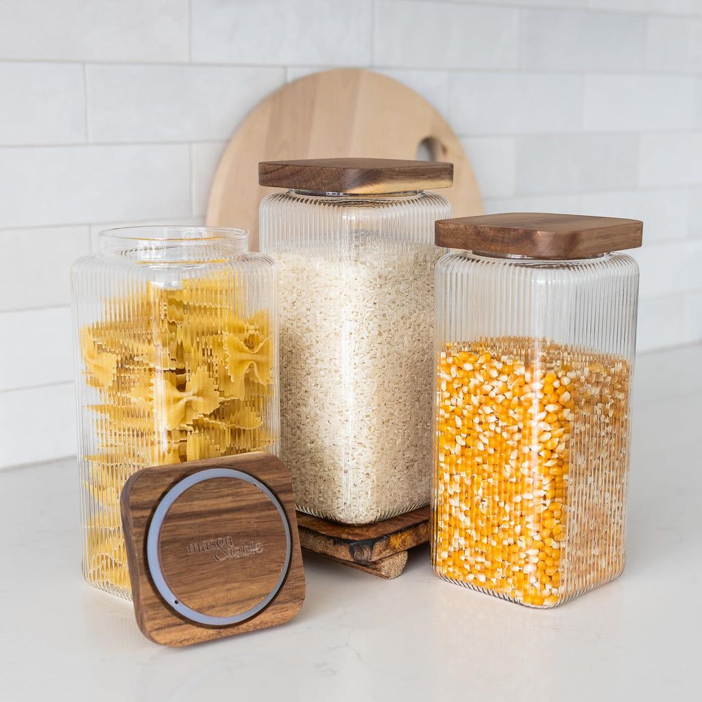 Ribbed Glass Square Jar with Wooden Lid 58fl.oz - Set of 3 | Airtight Fluted Storage Canister for Food, Pasta