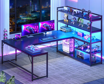 L Shaped Gaming Desk, 63'' Reversible Computer Desk with Power Outlet and Storage Shelves, Corner Gaming Desk with