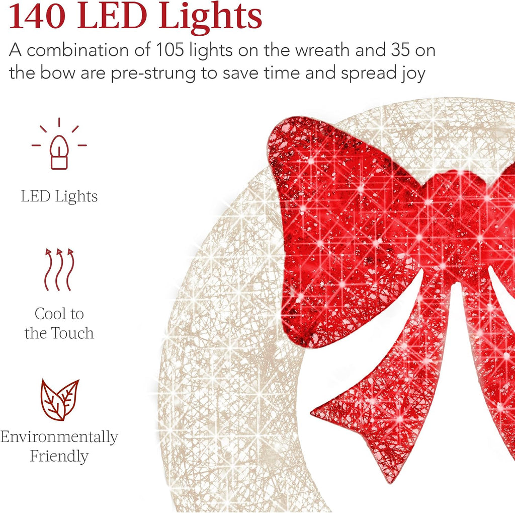 48in Pre-Lit Outdoor Christmas Wreath Decoration, LED Metal Holiday Decor w/ 140 Lights, Bow - White/Red