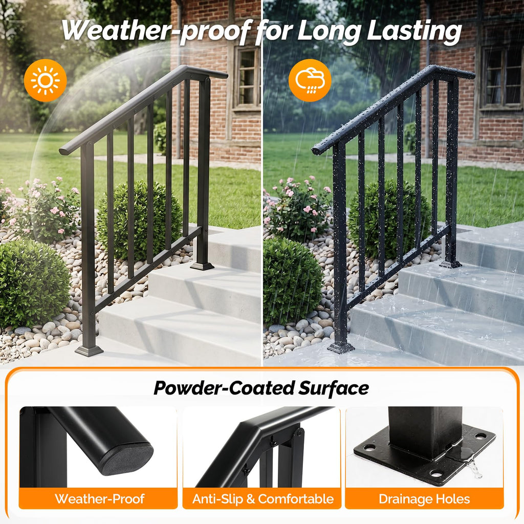 2 Pack 3 Step Handrails for Outdoor Steps, Wrought Iron Stair Railing Fits 2 or 3 Steps, Metal Hand Railing with