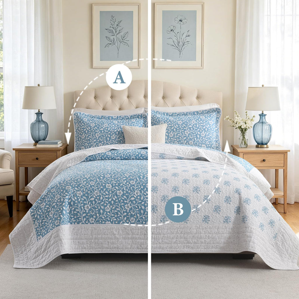 100% Cotton Quilt Set - Floral Quilted Comforter, Reversible Botanical Farmhouse Quilt Bedspread