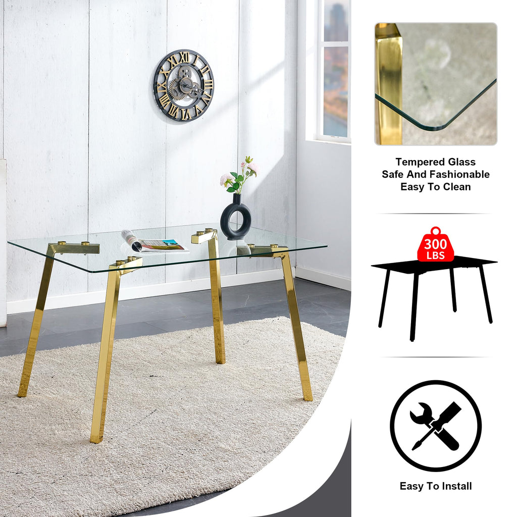 51" Modern Glass Dining Table with Rectangular Tempered Tabletop, Dinner Desk W/Goldes Metal Legs, Gold+Clear Finish
