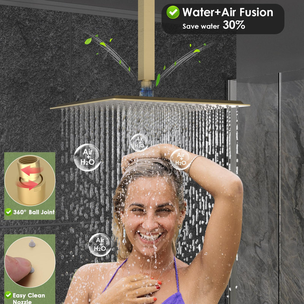 Dual Shower Head Shower System with Body Jets, 12" Ceiling Mounted Rain Shower Head & 6" Wall Mounted Head Full Body