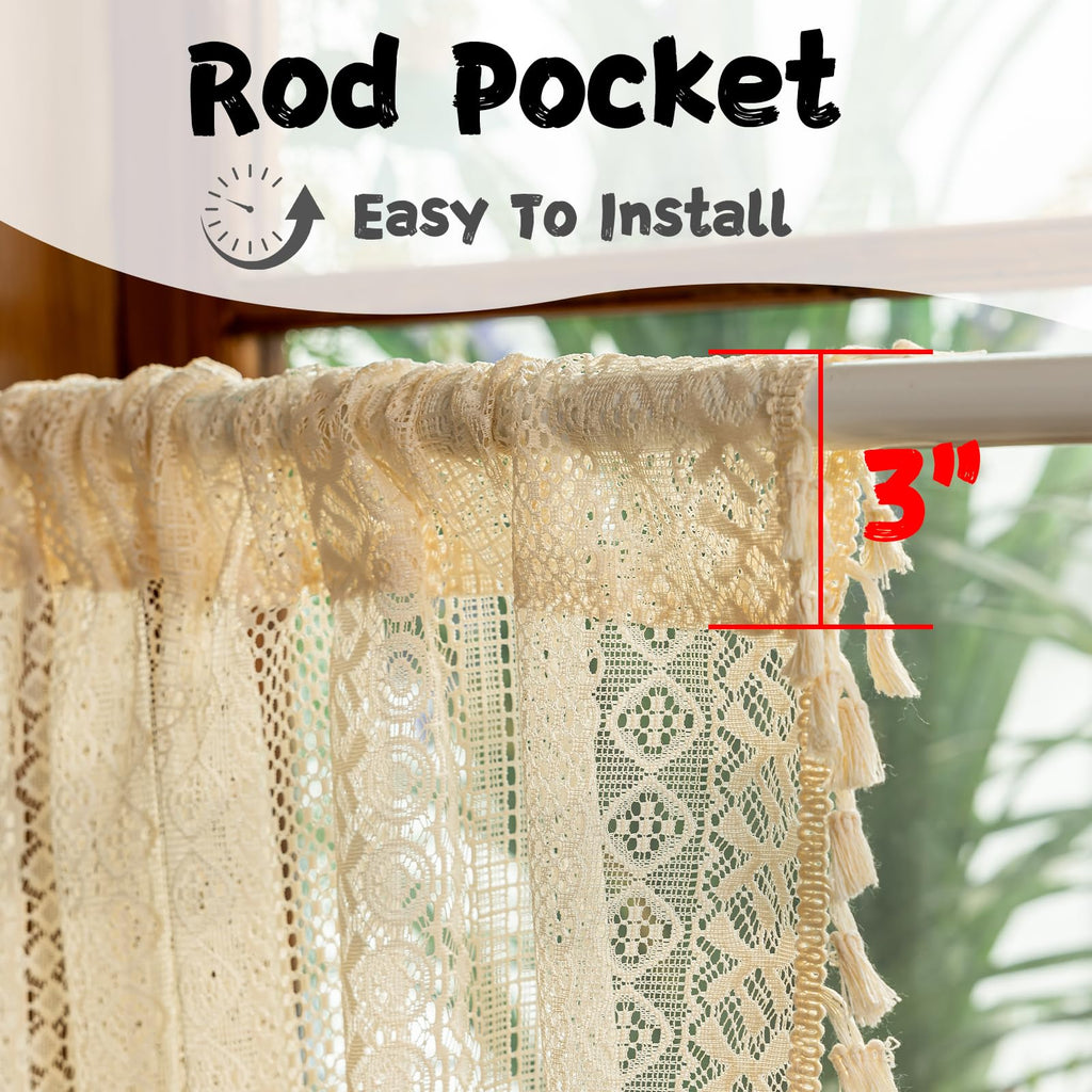 Beige Lace Boho Curtains 45 Inches 2 Panels, Semi Sheer Small Window Curtains Cafe Crochet Vintage Chic Country