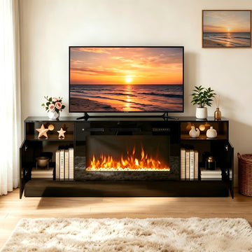 Fireplace TV Stand with 36'' Electric Fireplace Up to 80" TVs, LED Light Entertainment Center, Modern Wood Texture
