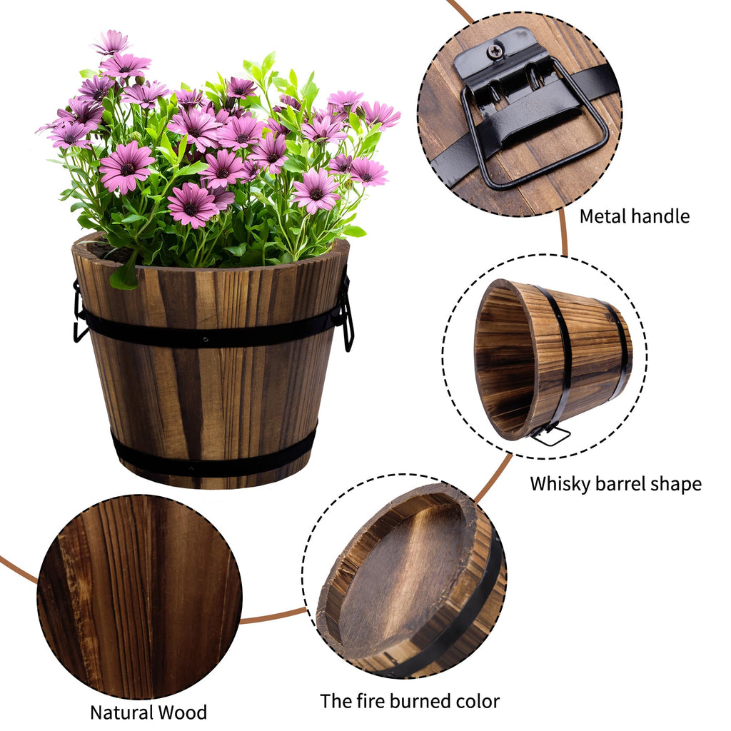 4 Pack Wooden Whiskey Barrel Planters, Flower Planters Pots Container