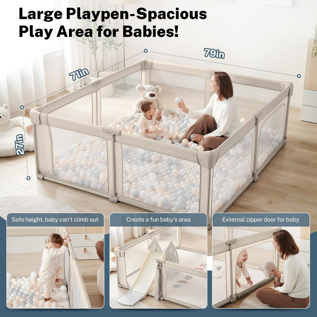 Baby Playpen Portable, Pre-Assembled Play Pen 71x79 Large Foldable Playpen for Babies and Toddlers, Sturdy and Safe