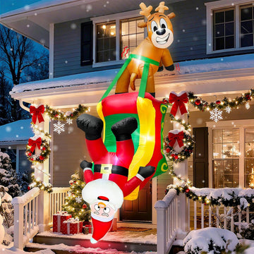 8.5 Ft Hanging Christmas Inflatable Outdoor Decoration, Blow Up Reindeer Pulling Santa Claus on Sleigh Built-in LED