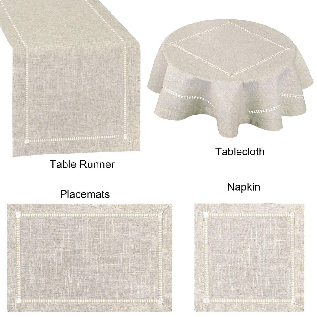 Large Handmade Double Hemstitch Natural Tablecloth, Round 90 Inch