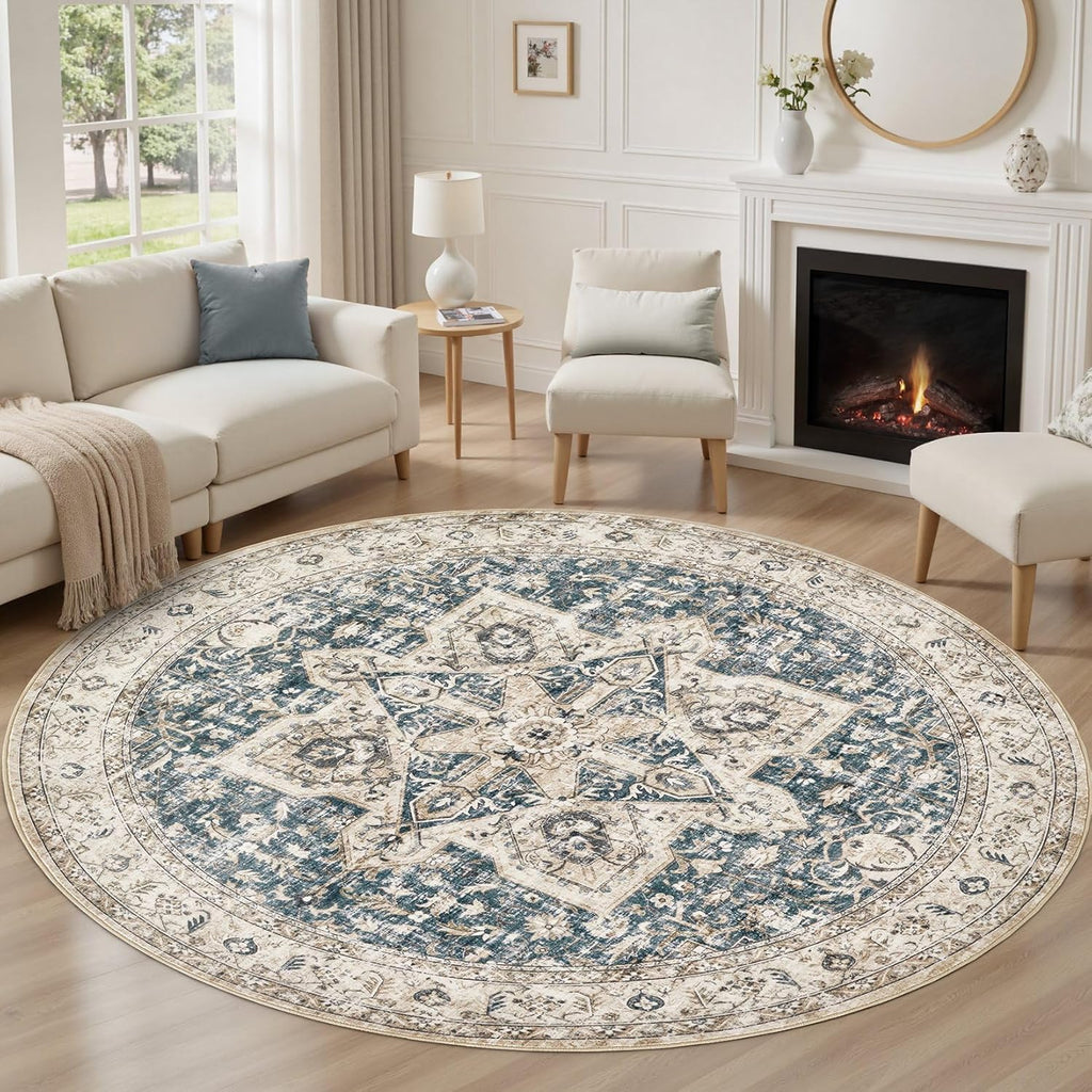 8' Round Area Rug Living Room Rugs - Washable Boho Rug Vintage Oriental Distressed Farmhouse Large T