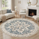 8' Round Area Rug Living Room Rugs - Washable Boho Rug Vintage Oriental Distressed Farmhouse Large T