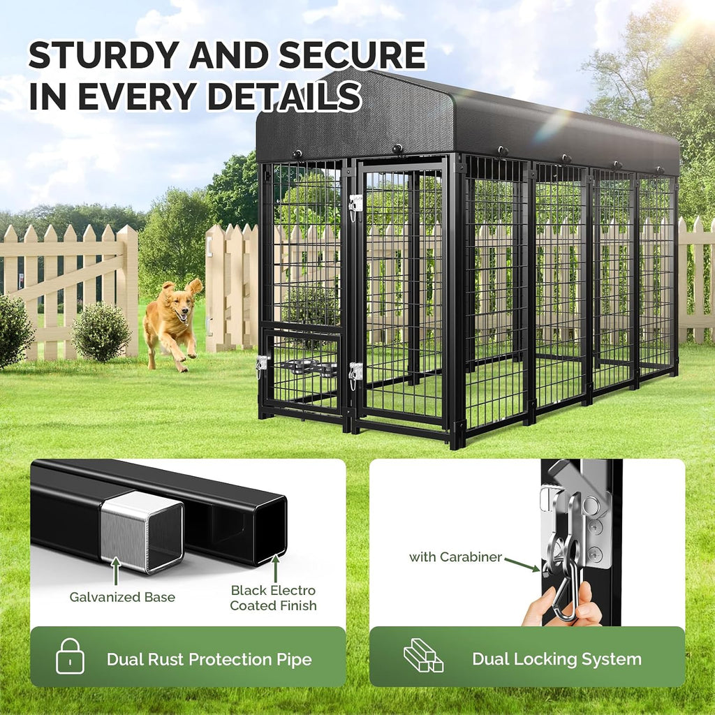 2PCS Outdoor Dog Kennel Outside Run with Doggy Door, Swivel Feeder&Roof - 8x4x6FT Large Dog Kennels Pens Outside